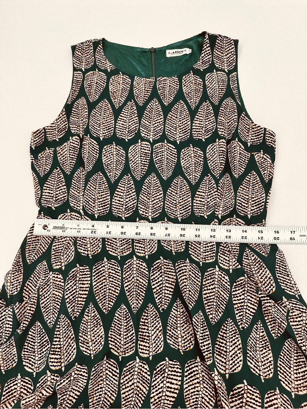 Forest Green Graphic Leaf Print Fit & Flare Dress Retro Mod Botanical M - Picture 11 of 12